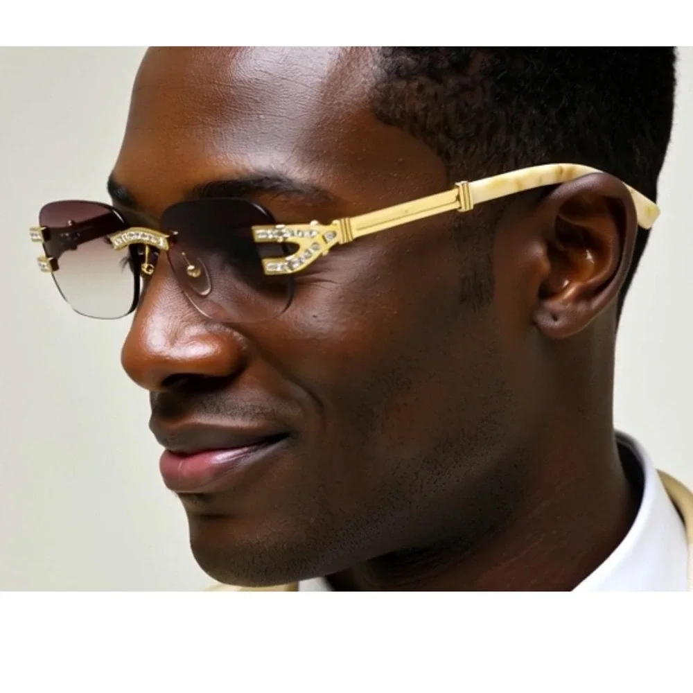 Rhinestone Rimless Sunglasses Vintage Hip Hop Shades Men Light Brown Lens Classy